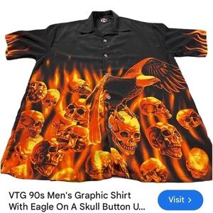 Dragonfly Men's Size XL fire skull eagle Shirt Black Short Sleeve Button